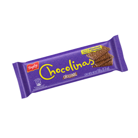 Paquete de 150g de galletas Chocolinas sabor chocolate marca Bagley